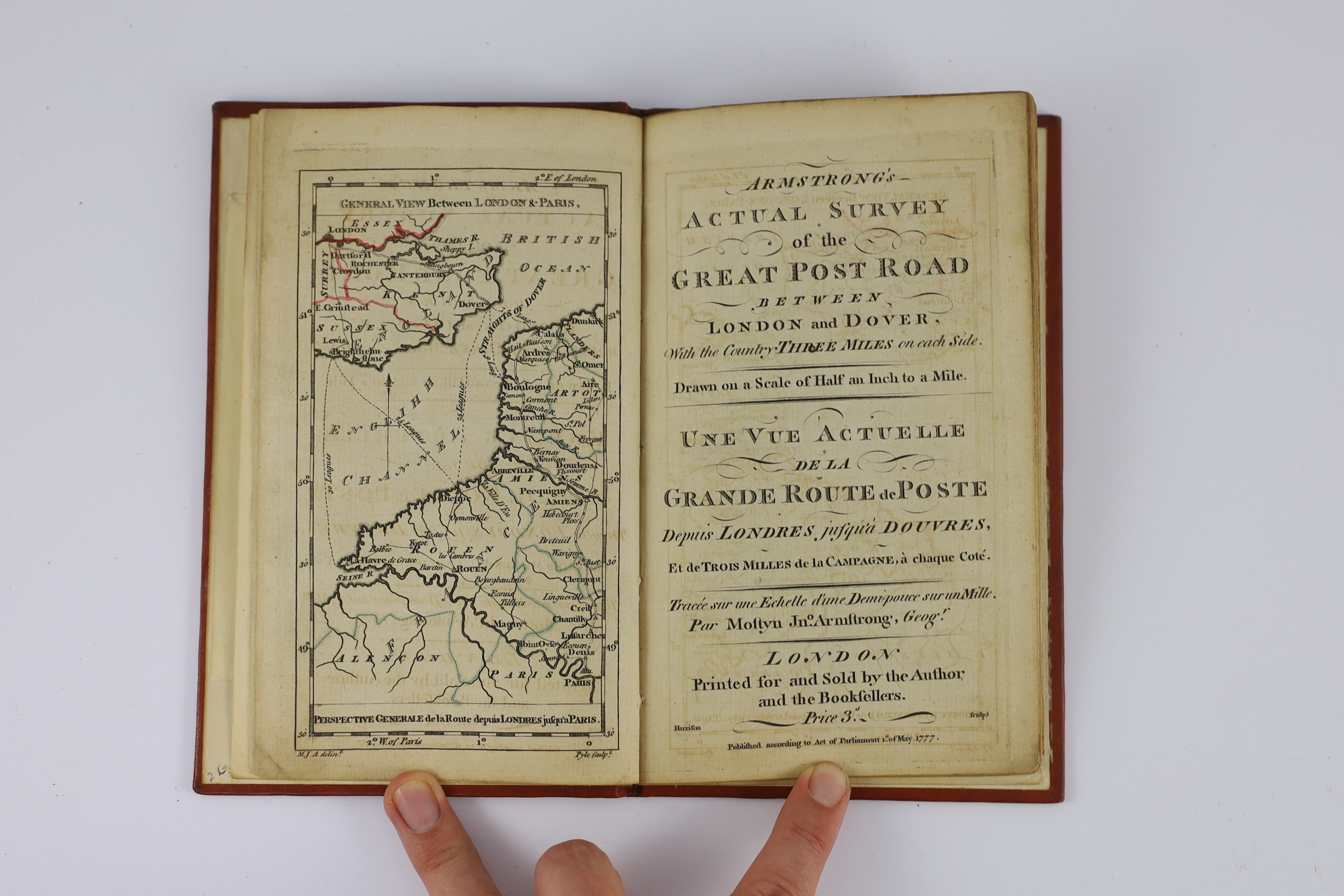 Armstrong, Mostyn John - Armstrong's Actual Survey of the Great Post Road between London and Dover. With the country three miles on each side ... engraved title, engraved advert. leaf, general (coastal) and six road maps